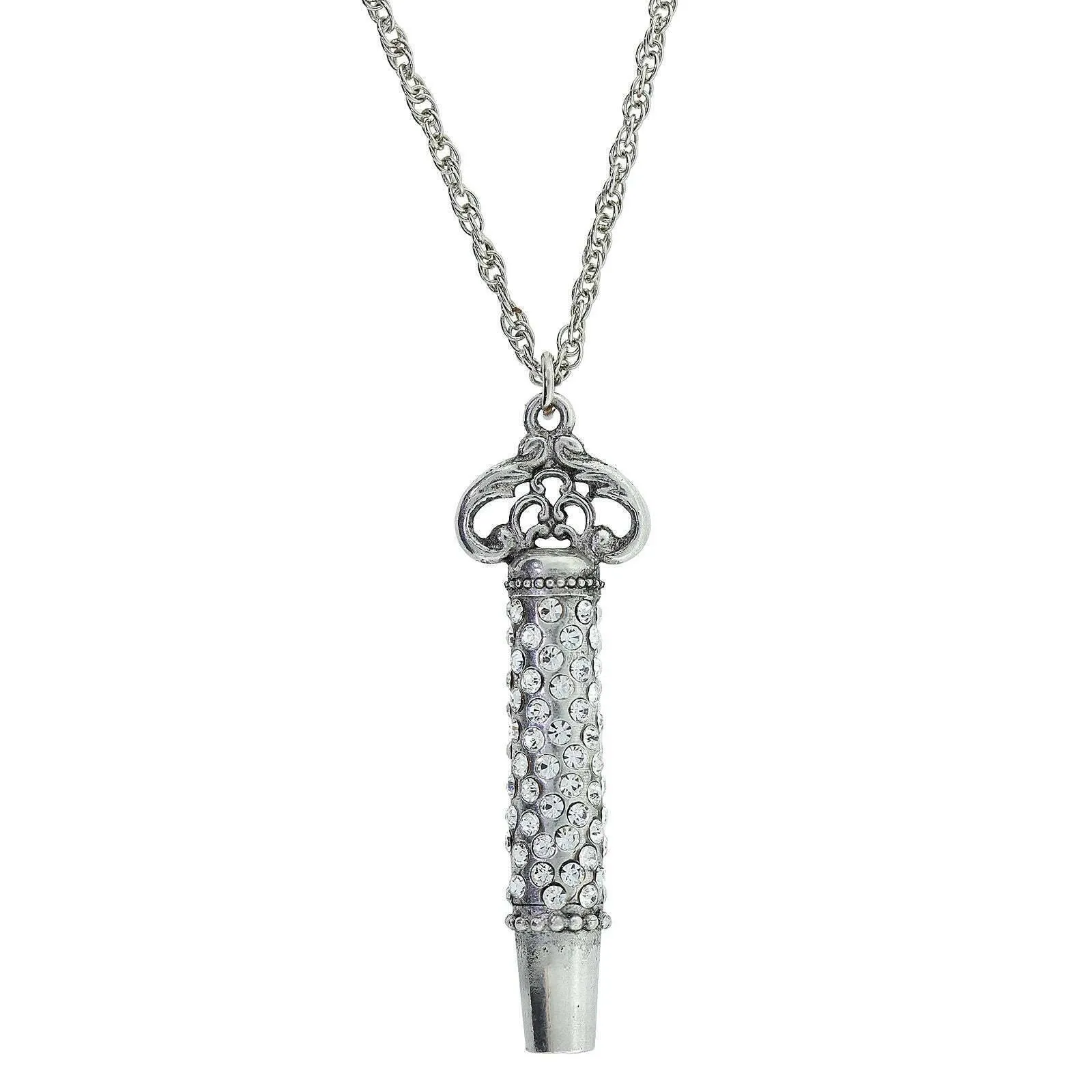 1928 Jewelry Pewter Crystal Pave Decorated Whistle Necklace 30" 1928 Jewelry