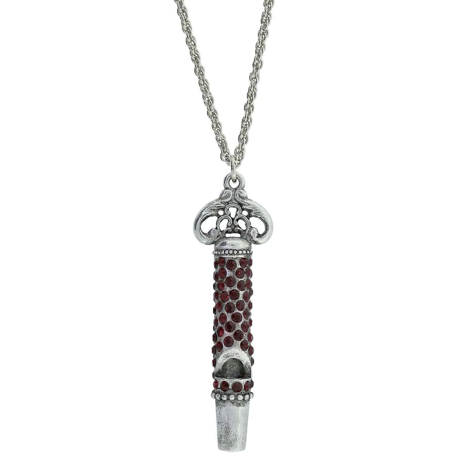 1928 Jewelry Pewter Crystal Pave Decorated Whistle Necklace 30" 1928 Jewelry