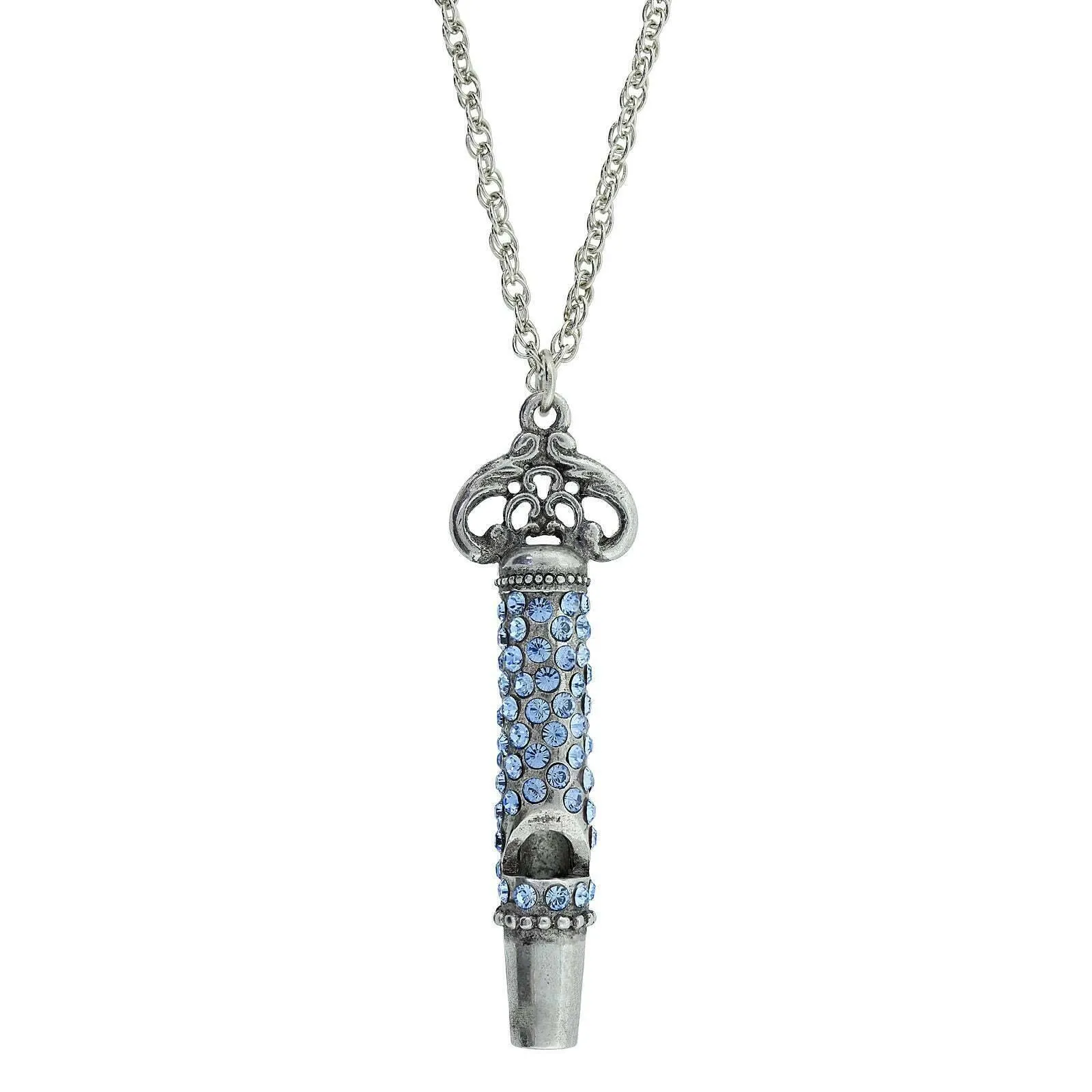 1928 Jewelry Pewter Crystal Pave Decorated Whistle Necklace 30" 1928 Jewelry