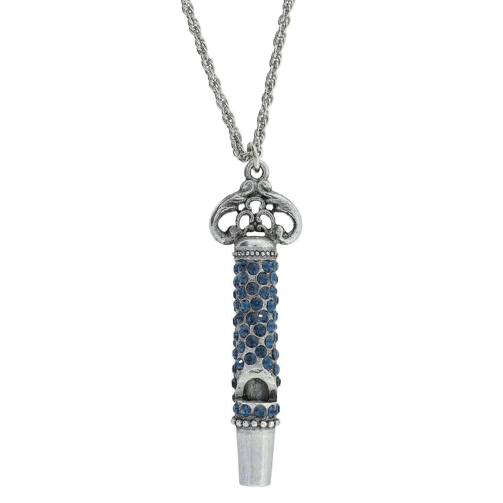 1928 Jewelry Pewter Crystal Pave Decorated Whistle Necklace 30" 1928 Jewelry