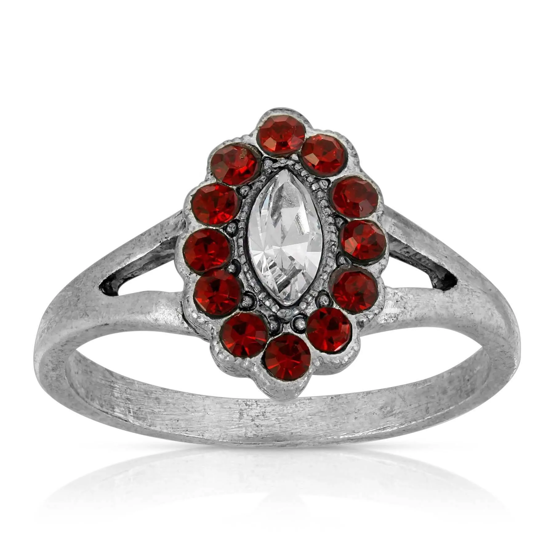 1928 Jewelry Pewter Diamond Shaped Crystal With Red Crystals Ring Size 7 1928 Jewelry