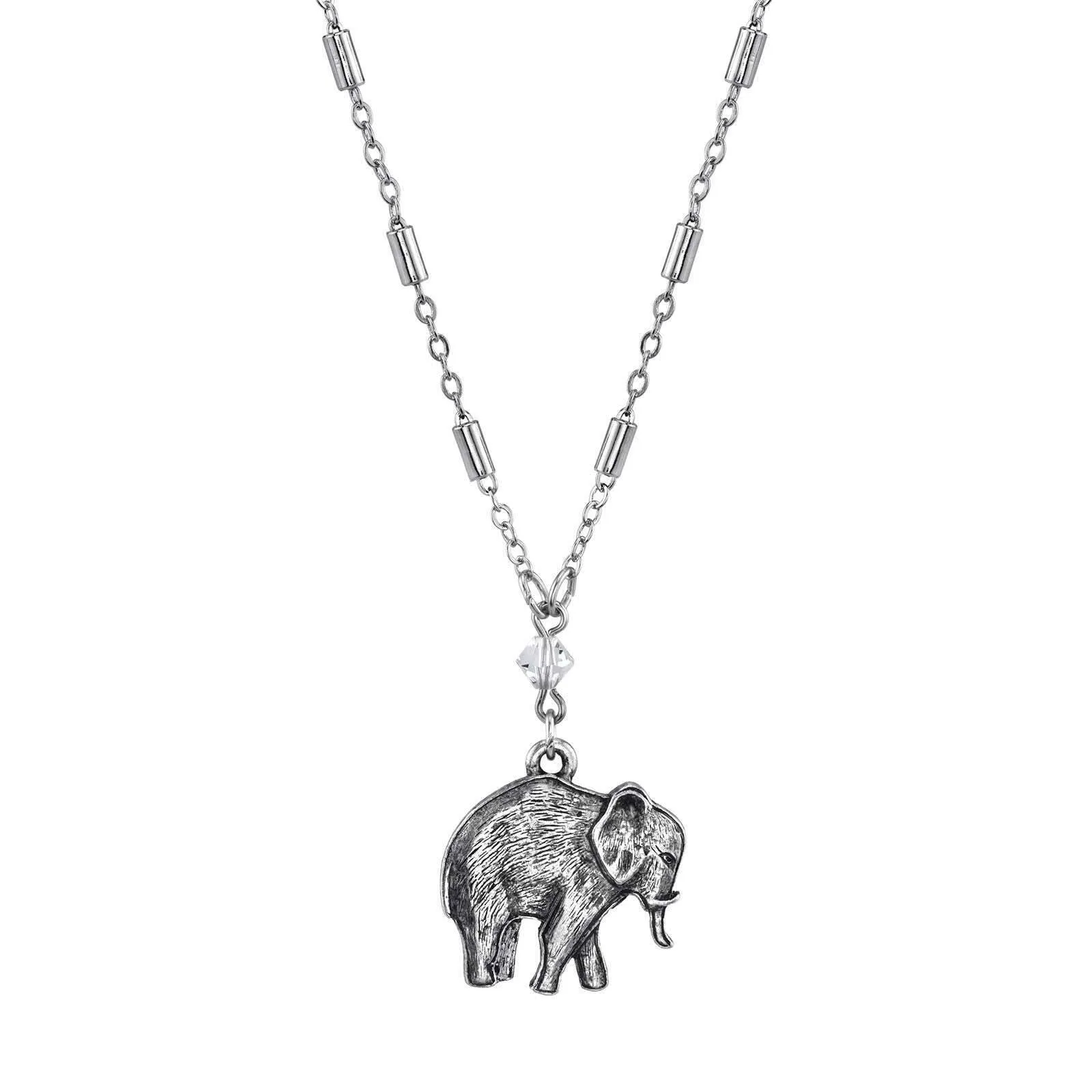 1928 Jewelry Pewter Elephant Drop Chain Pendant Necklace 16"   3" Extender 1928 Jewelry