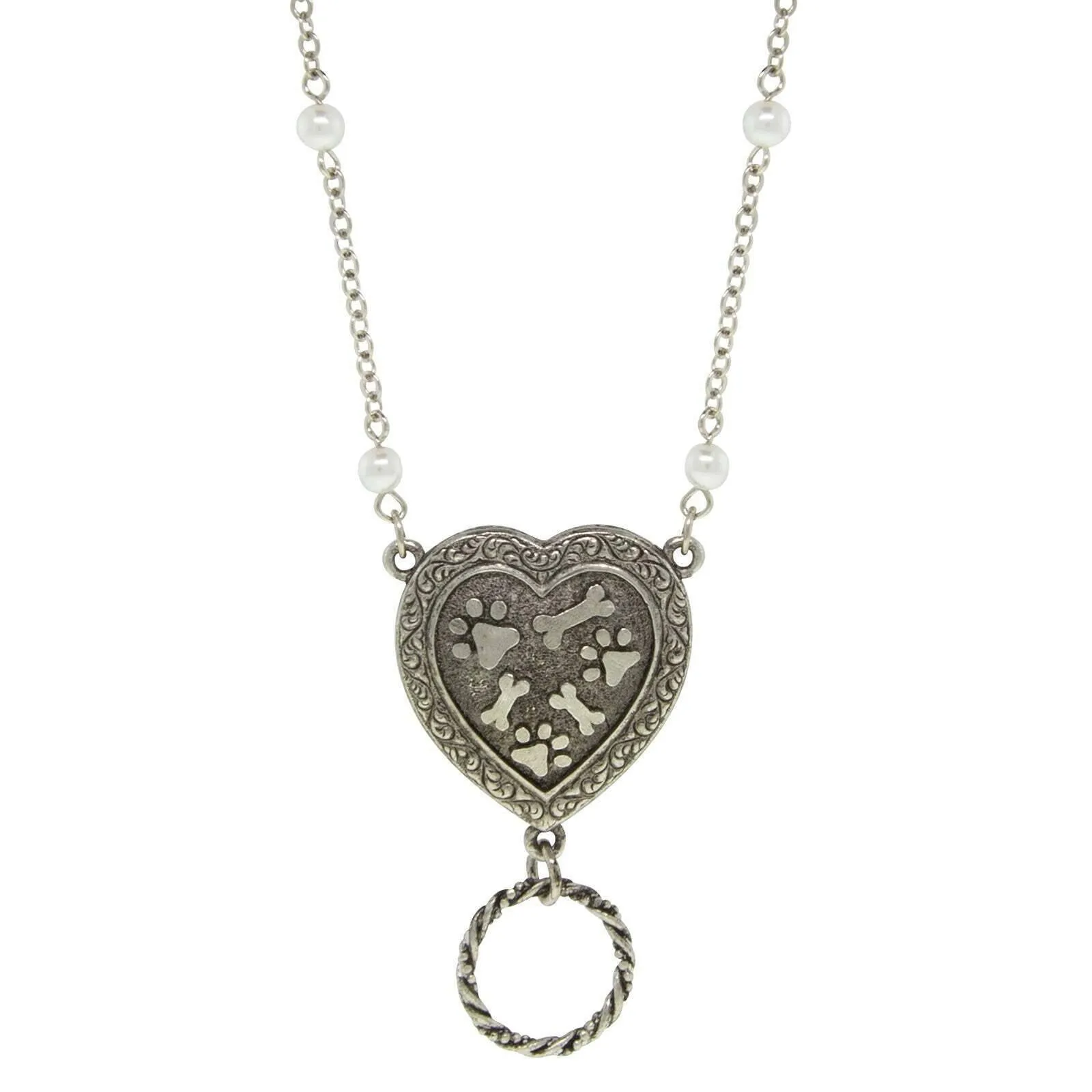 1928 Jewelry Pewter Faux Pearl Heart Paws And Bones Eye Glass Holder Pendant Necklace 28" 1928 Jewelry