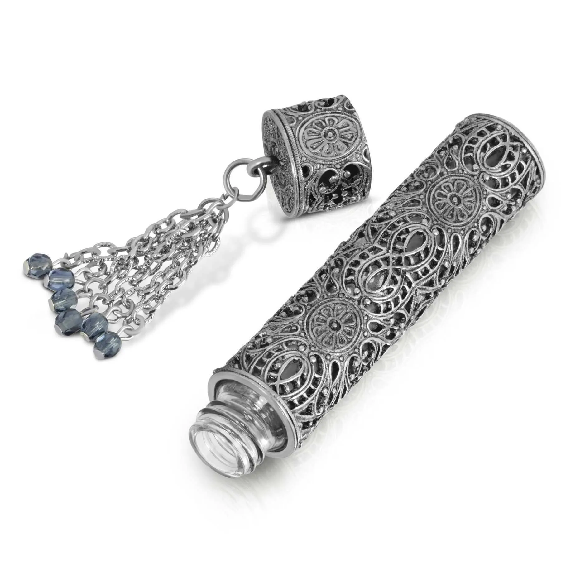 1928 Jewelry Pewter Filigree Glass Vial With Screw Cap & Blue Beaded Tassel 1928 Jewelry