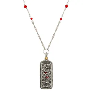 1928 Jewelry Pewter Floral Swinging Cover with Red Hearts Pendant Necklace 30" 1928 Jewelry