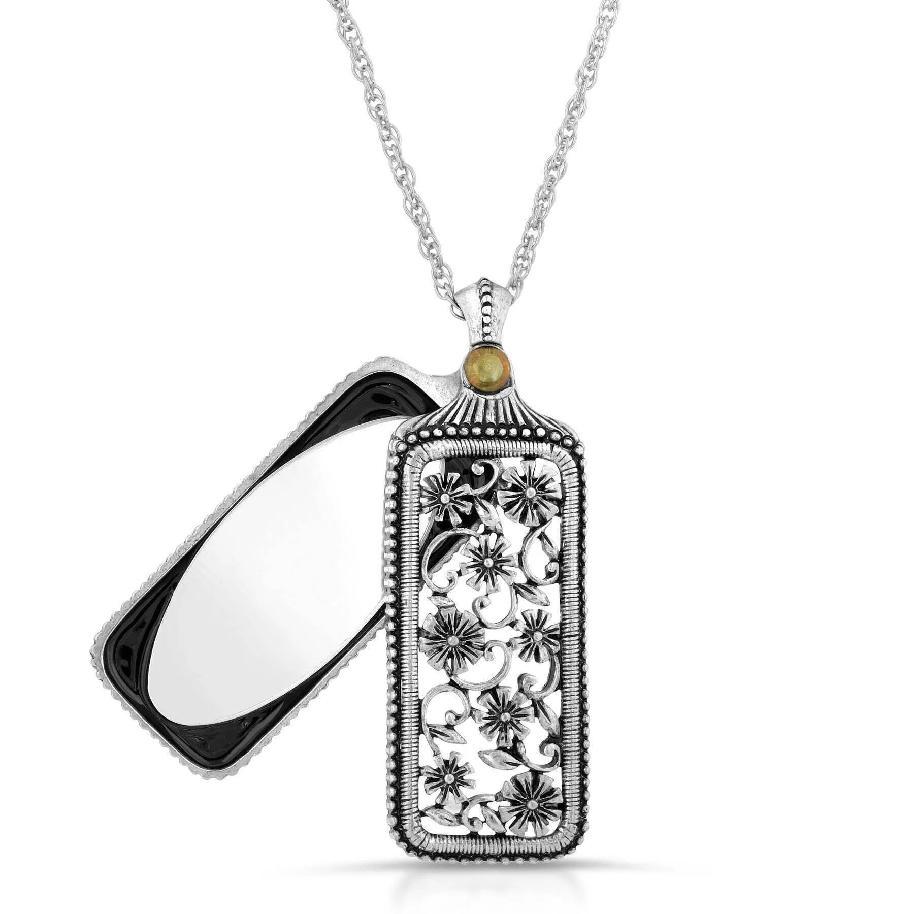 1928 Jewelry Pewter Flower Filigree Mirror Pendant Necklace 30" 1928 Jewelry