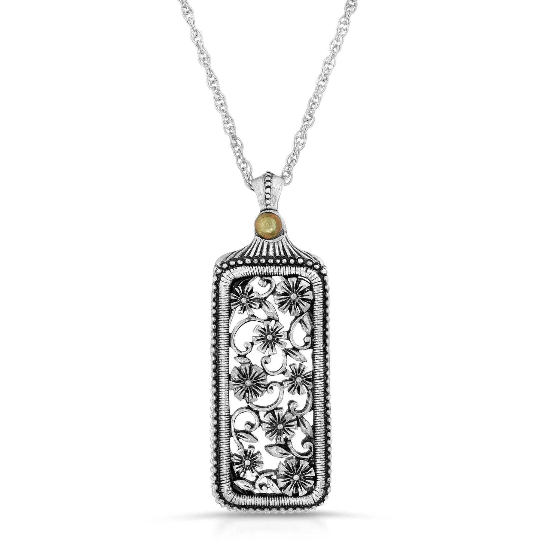 1928 Jewelry Pewter Flower Filigree Mirror Pendant Necklace 30" 1928 Jewelry