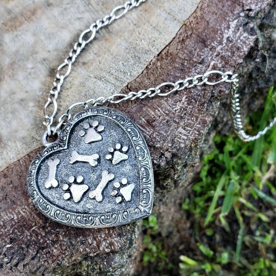 1928 Jewelry Pewter Heart Paws And Bones Pendant Necklace 28" 1928 Jewelry