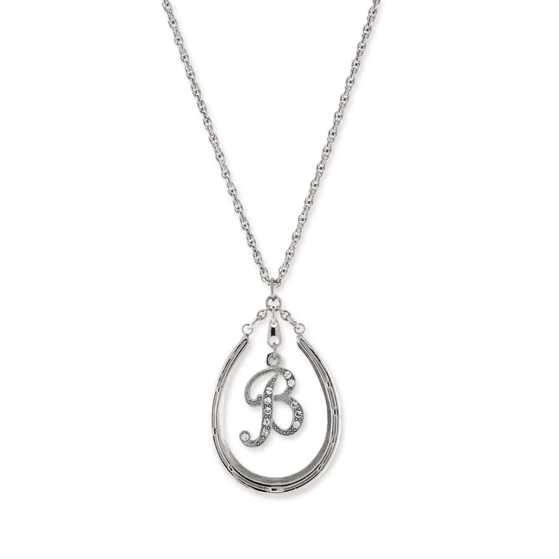 1928 Jewelry Pewter Horseshoe Crystal Initial Necklace 16"   3" Extender 1928 Jewelry