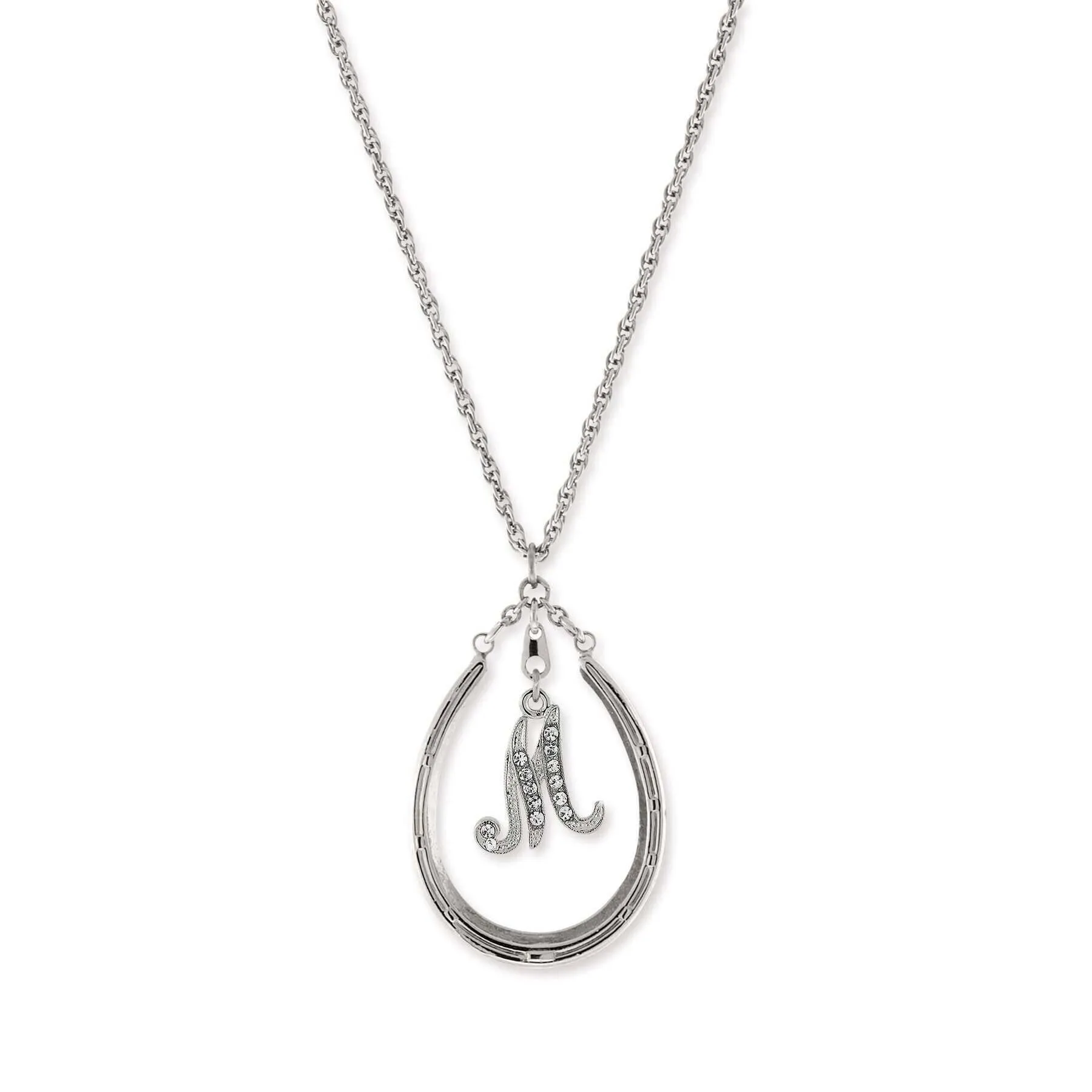 1928 Jewelry Pewter Horseshoe Crystal Initial Necklace 16"   3" Extender 1928 Jewelry