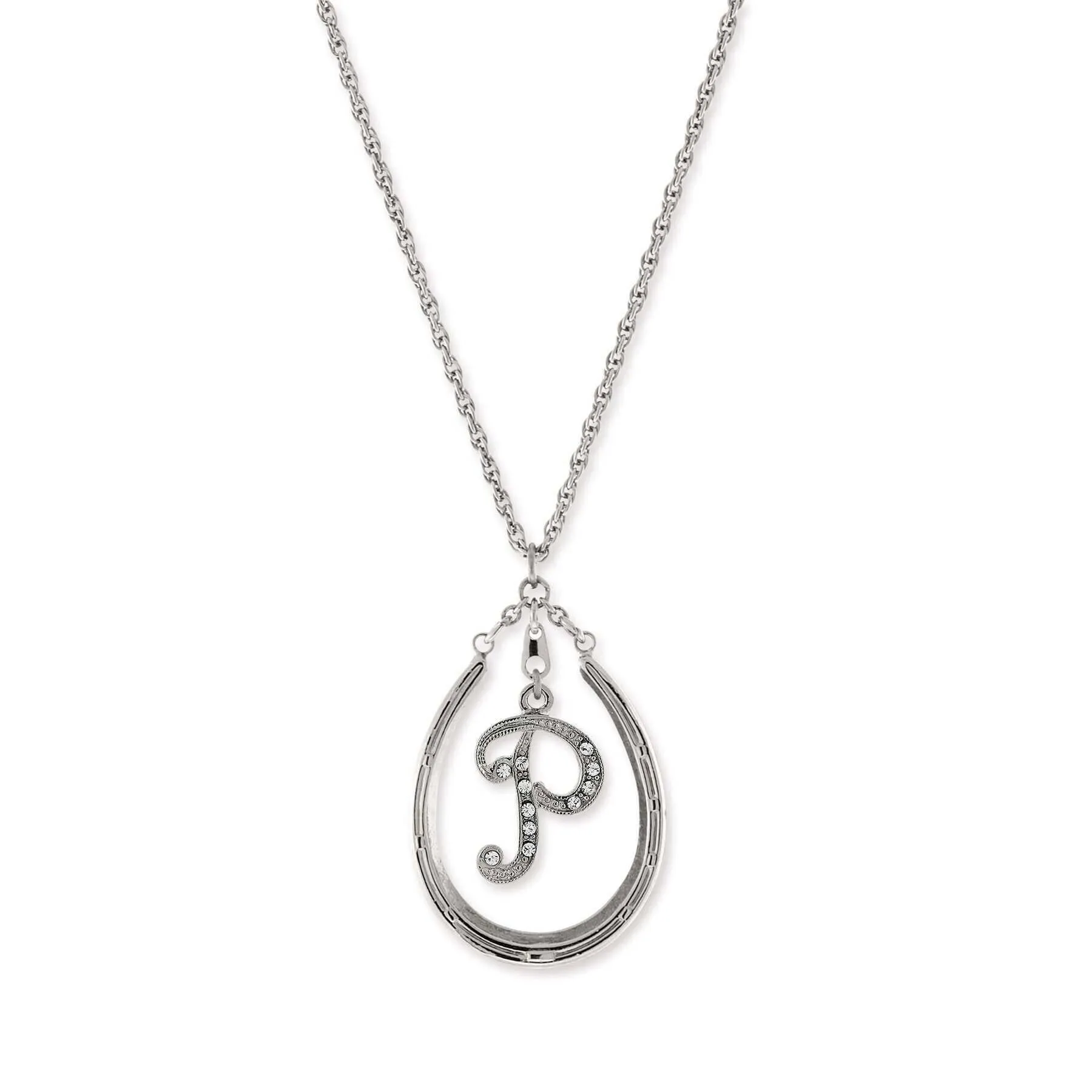 1928 Jewelry Pewter Horseshoe Crystal Initial Necklace 16"   3" Extender 1928 Jewelry