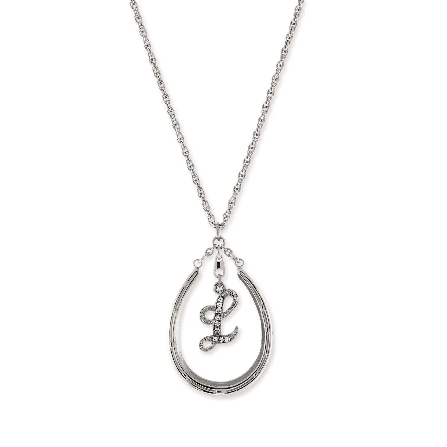 1928 Jewelry Pewter Horseshoe Crystal Initial Necklace 16"   3" Extender 1928 Jewelry