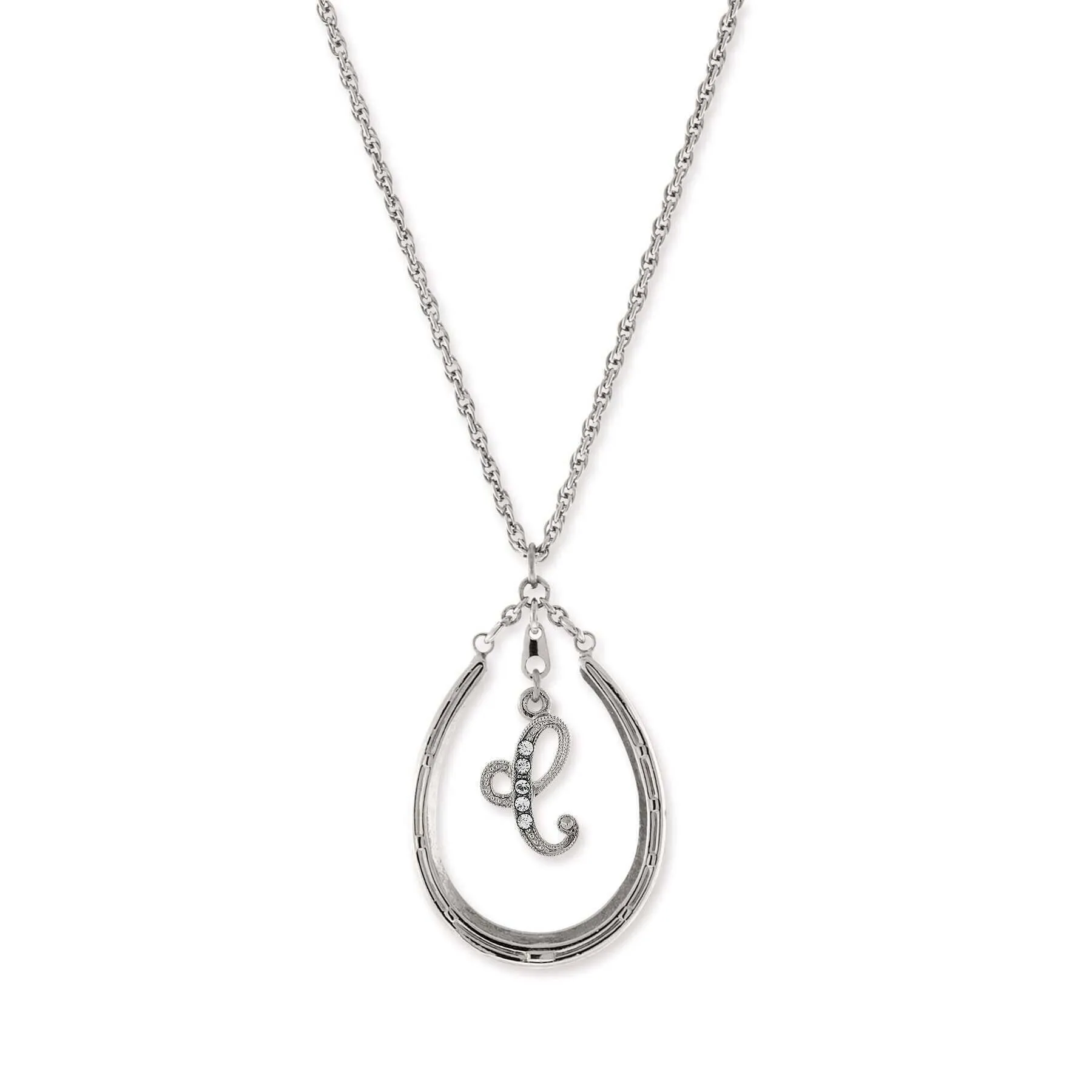 1928 Jewelry Pewter Horseshoe Crystal Initial Necklace 16"   3" Extender 1928 Jewelry