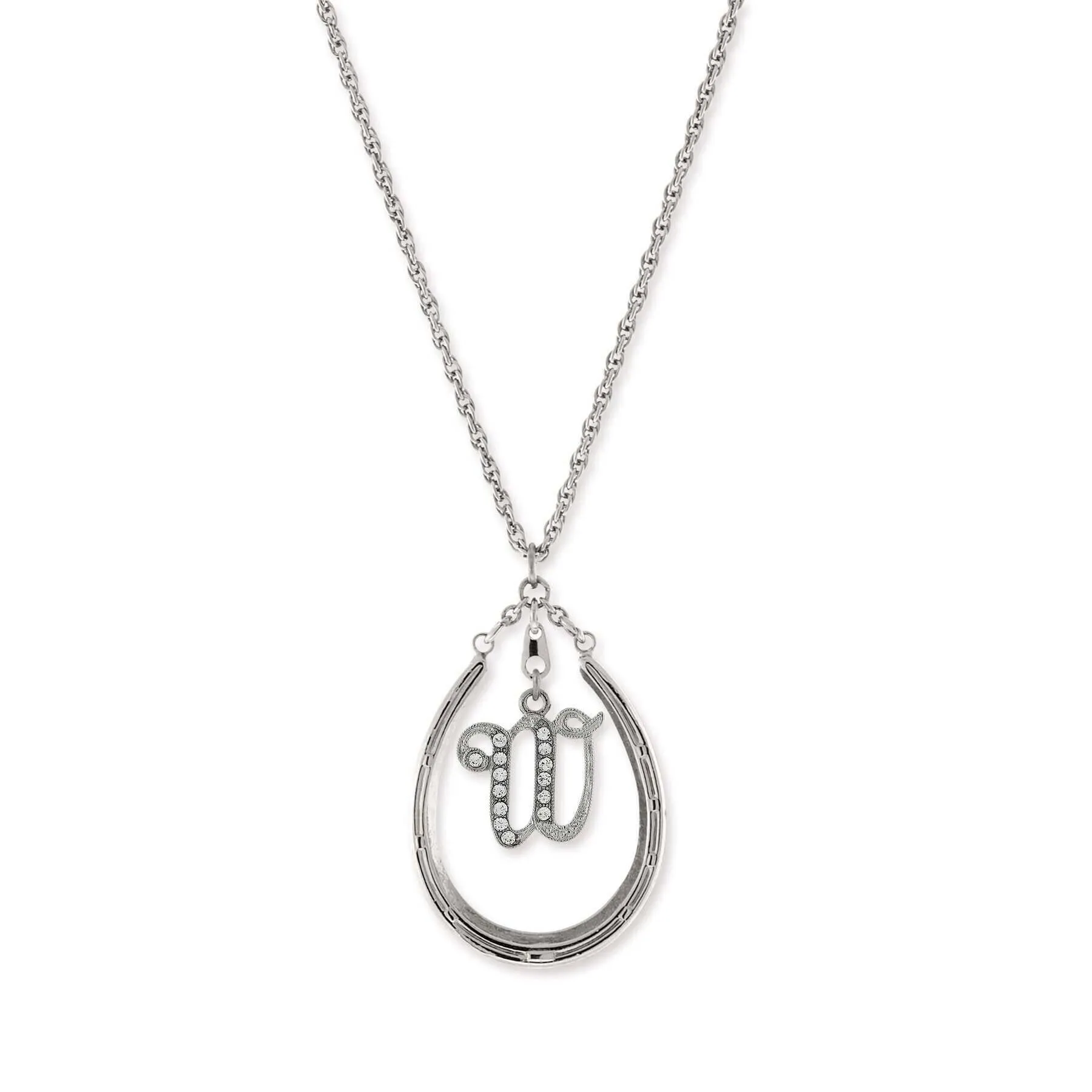 1928 Jewelry Pewter Horseshoe Crystal Initial Necklace 16"   3" Extender 1928 Jewelry