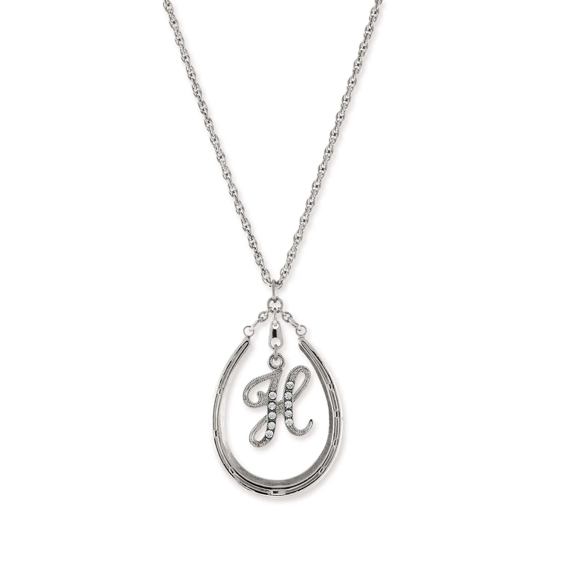 1928 Jewelry Pewter Horseshoe Crystal Initial Necklace 16"   3" Extender 1928 Jewelry