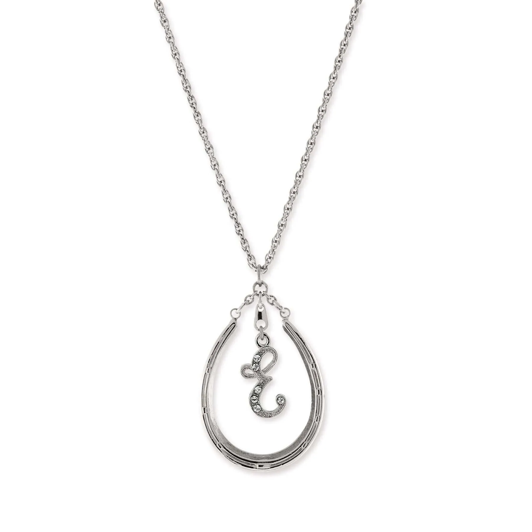 1928 Jewelry Pewter Horseshoe Crystal Initial Necklace 16"   3" Extender 1928 Jewelry