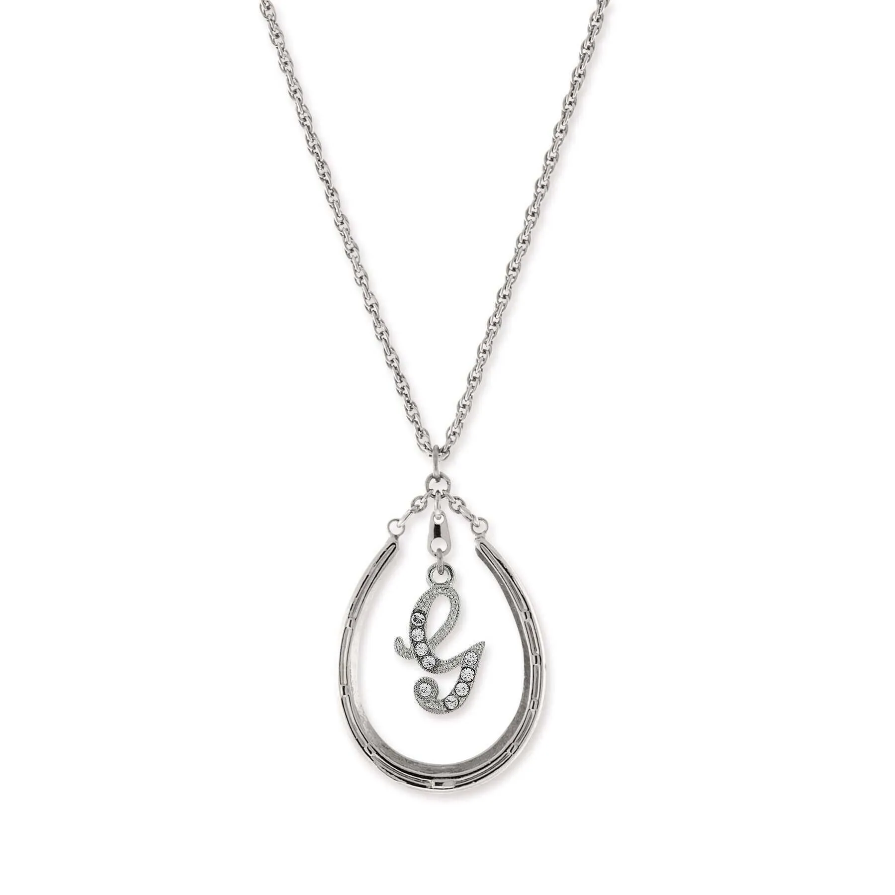 1928 Jewelry Pewter Horseshoe Crystal Initial Necklace 16"   3" Extender 1928 Jewelry