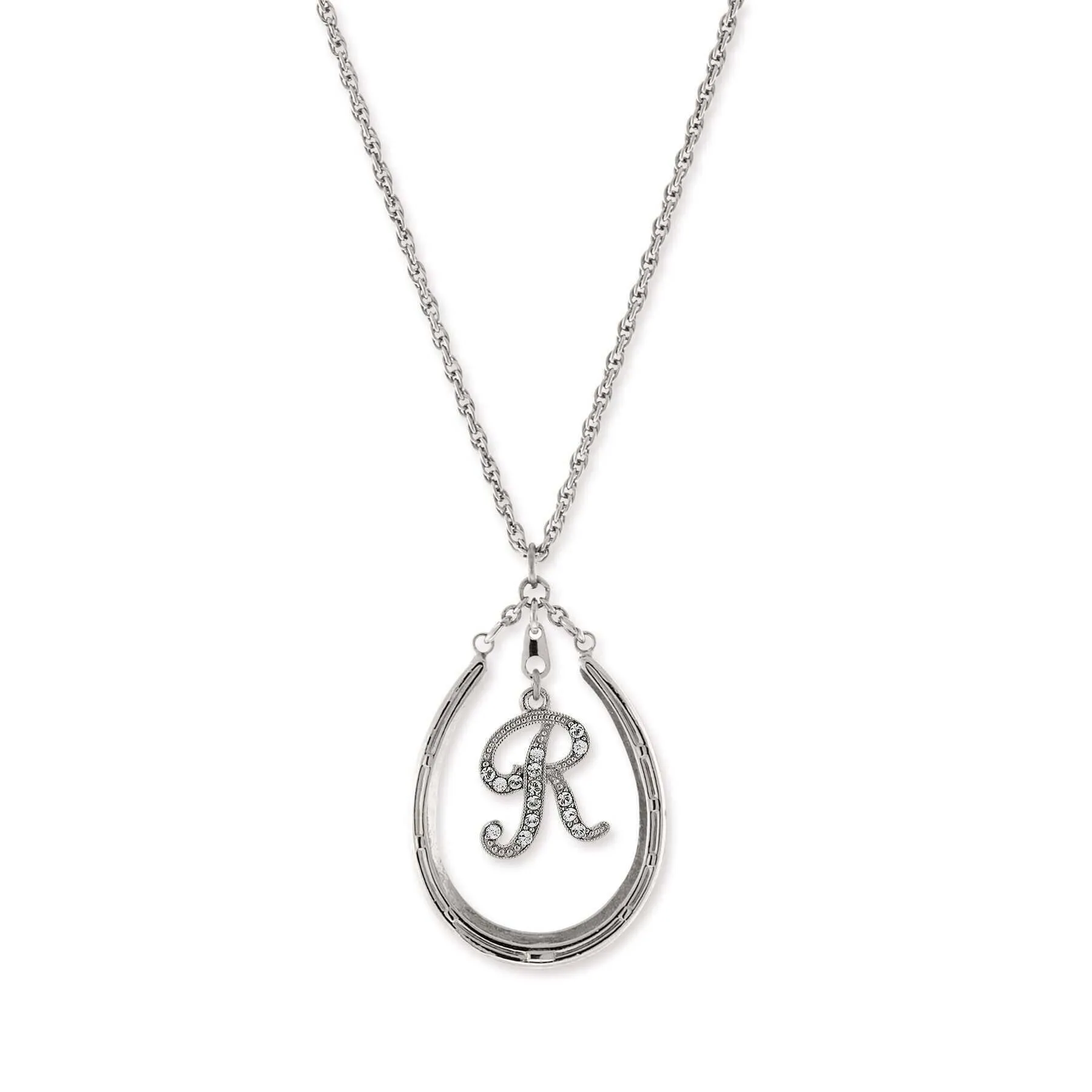 1928 Jewelry Pewter Horseshoe Crystal Initial Necklace 16"   3" Extender 1928 Jewelry