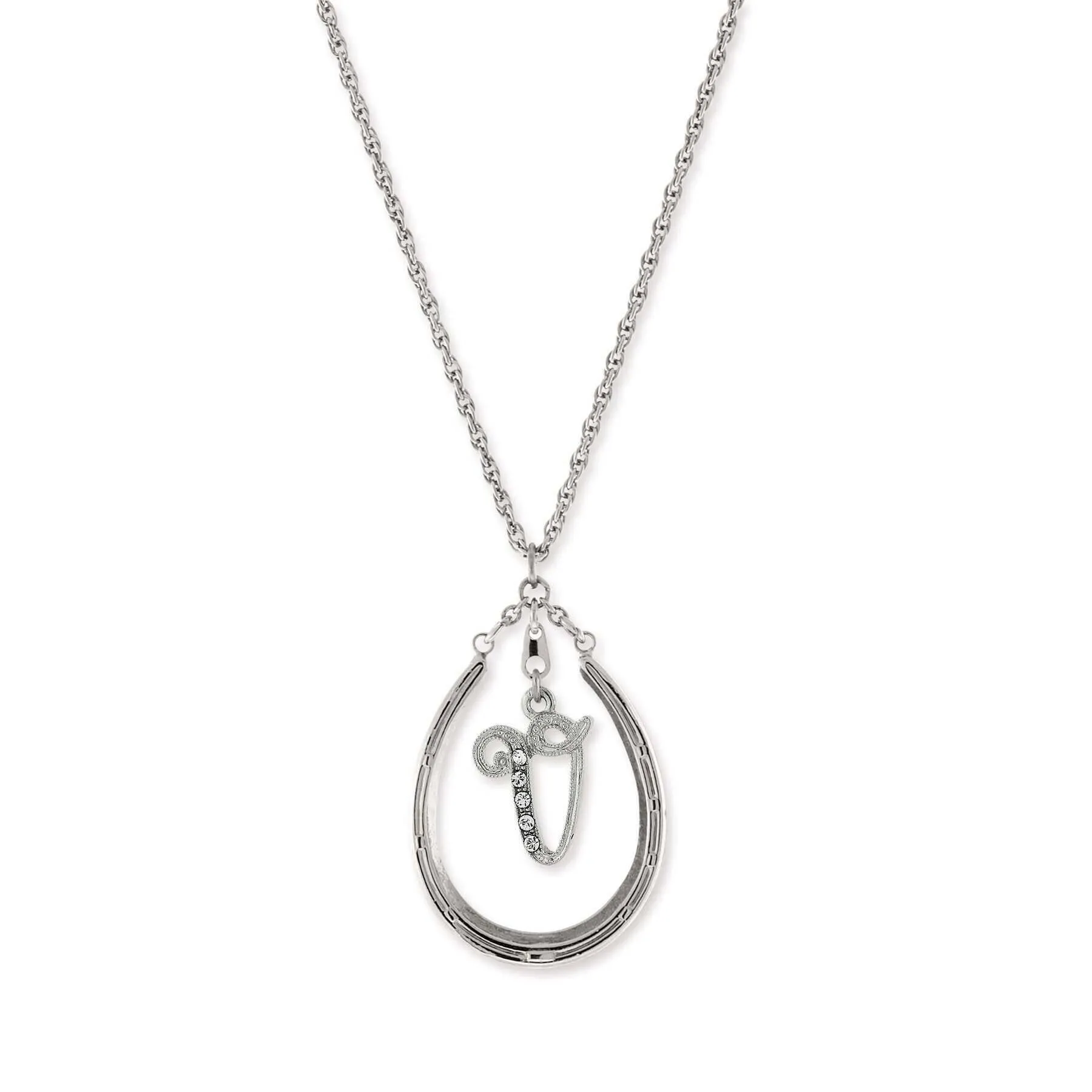 1928 Jewelry Pewter Horseshoe Crystal Initial Necklace 16"   3" Extender 1928 Jewelry