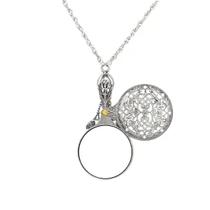 1928 Jewelry Pewter Mirror With Sliding Filigree Cover Pendant Necklace 30" 1928 Jewelry