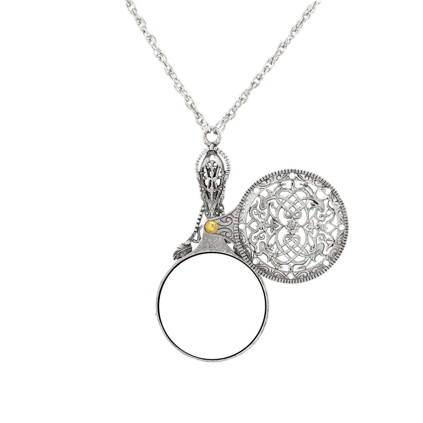 1928 Jewelry Pewter Mirror With Sliding Filigree Cover Pendant Necklace 30" 1928 Jewelry