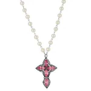 1928 Jewelry Pewter Navette Crystal And 8mm Faux Pearl Cross Pendant Necklace 16"   3" Extender 1928 Jewelry