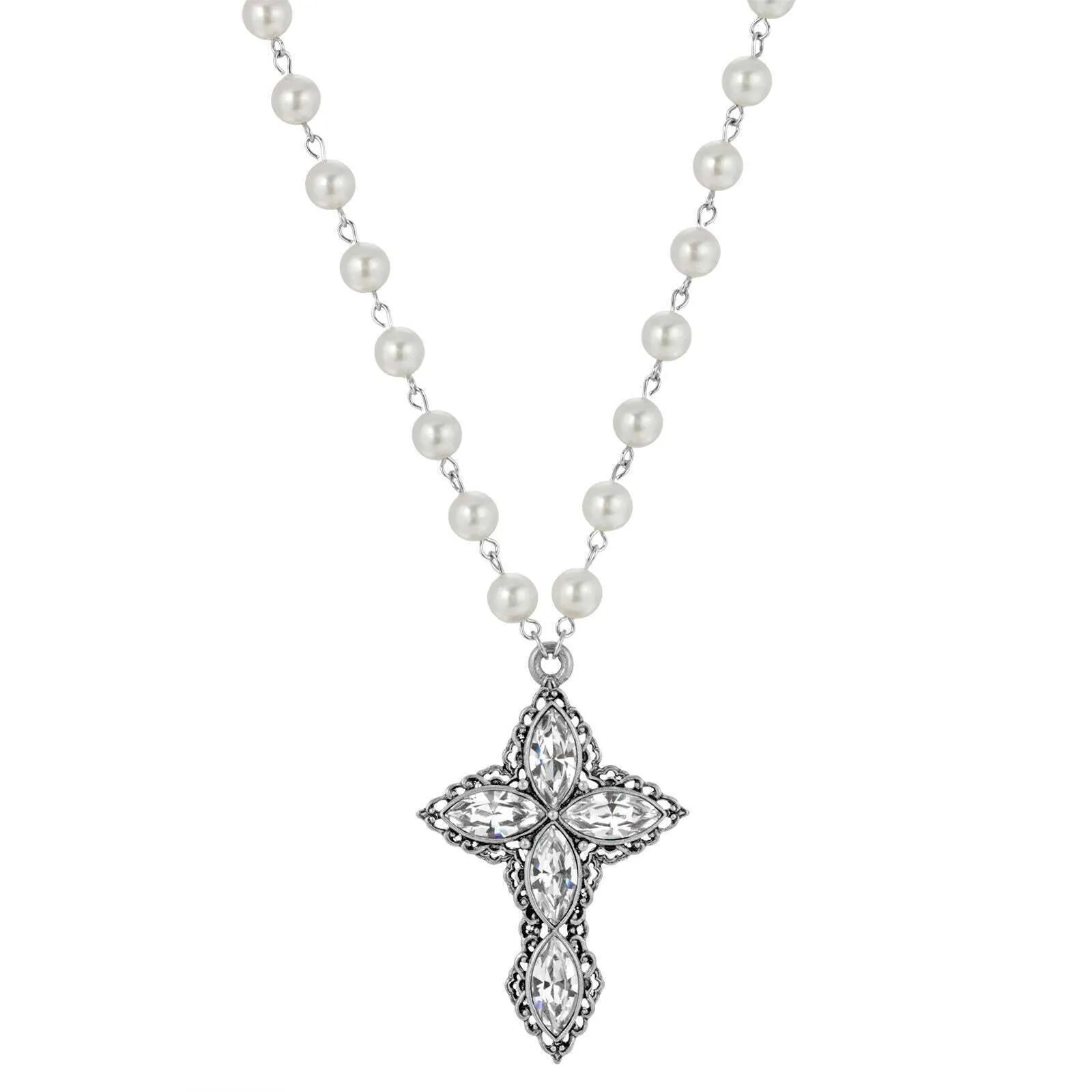 1928 Jewelry Pewter Navette Crystal And 8mm Faux Pearl Cross Pendant Necklace 16"   3" Extender 1928 Jewelry