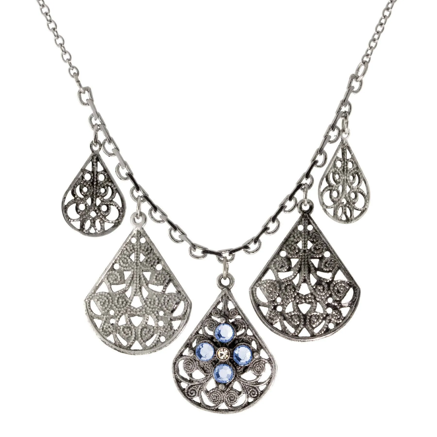 1928 Jewelry Pewter Round Crystal Flower Multi Teardrop Necklace 16"   3" Extender 1928 Jewelry