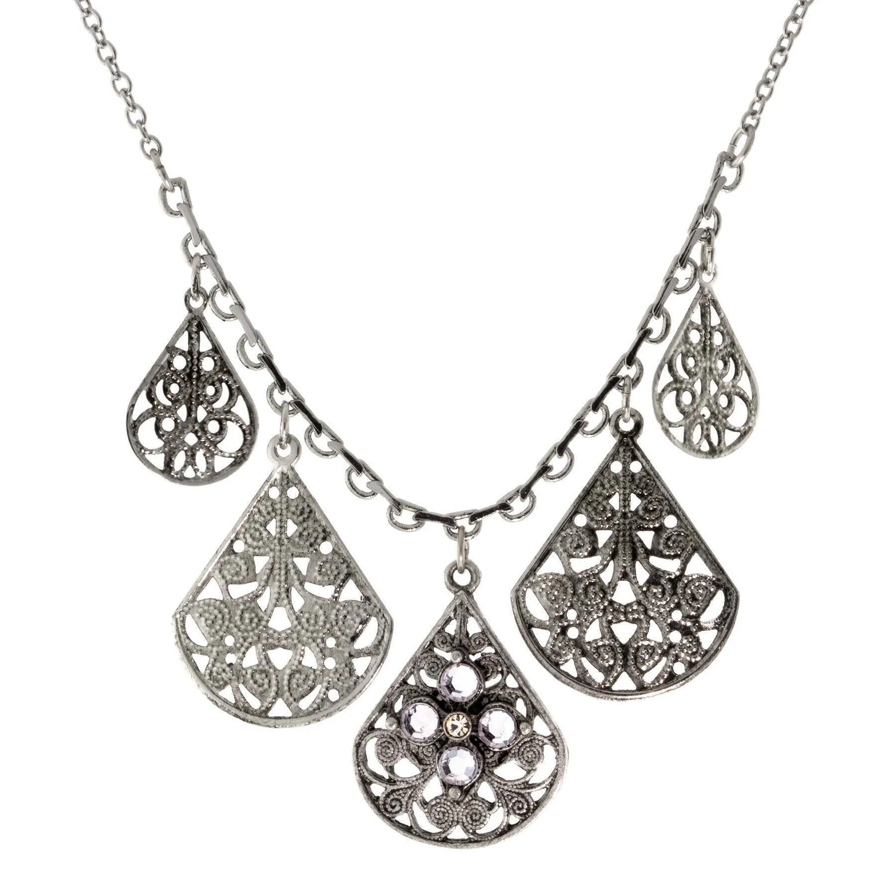 1928 Jewelry Pewter Round Crystal Flower Multi Teardrop Necklace 16"   3" Extender 1928 Jewelry