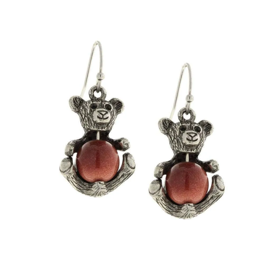 1928 Jewelry Pewter Round Gemstone Quartz Teddy Bear Wire Earrings 1928 Jewelry