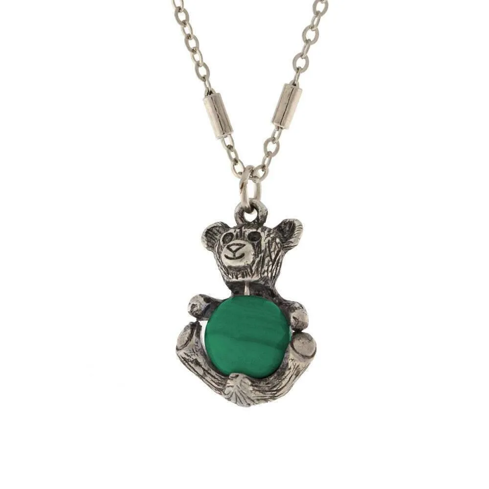 1928 Jewelry Pewter Round Gemstone Teddy Bear Pendant Necklace 16"   3" Extender 1928 Jewelry