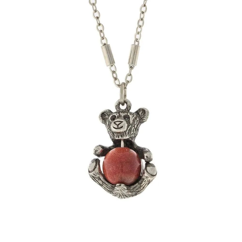 1928 Jewelry Pewter Round Gemstone Teddy Bear Pendant Necklace 16"   3" Extender 1928 Jewelry