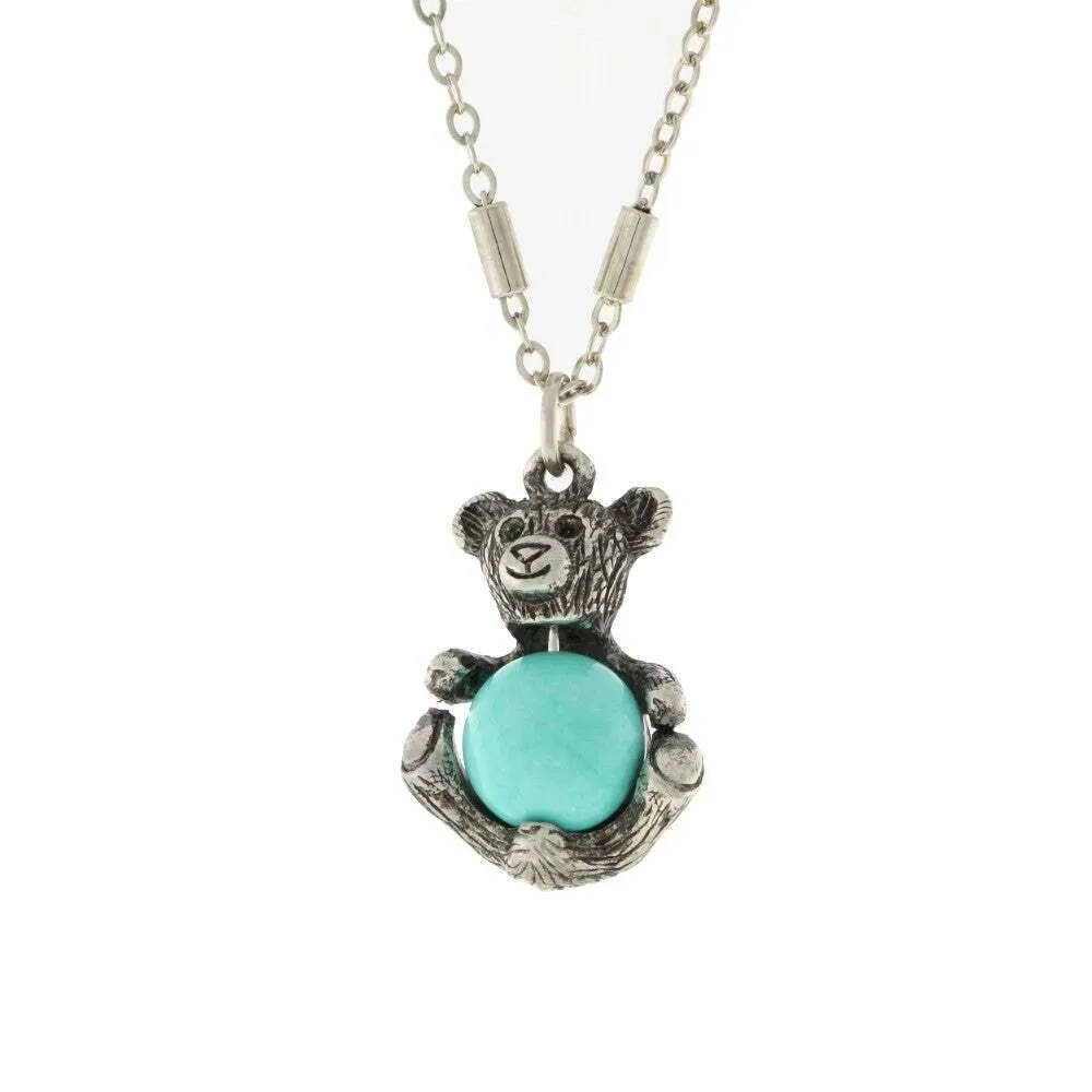 1928 Jewelry Pewter Round Gemstone Teddy Bear Pendant Necklace 16"   3" Extender 1928 Jewelry