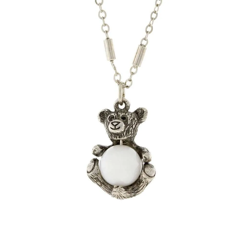 1928 Jewelry Pewter Round Gemstone Teddy Bear Pendant Necklace 16"   3" Extender 1928 Jewelry