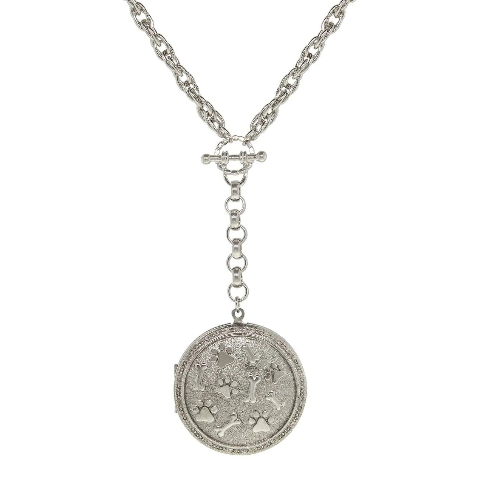 1928 Jewelry Pewter Round Heart Paws And Bones Drop Locket Necklace 28" 1928 Jewelry