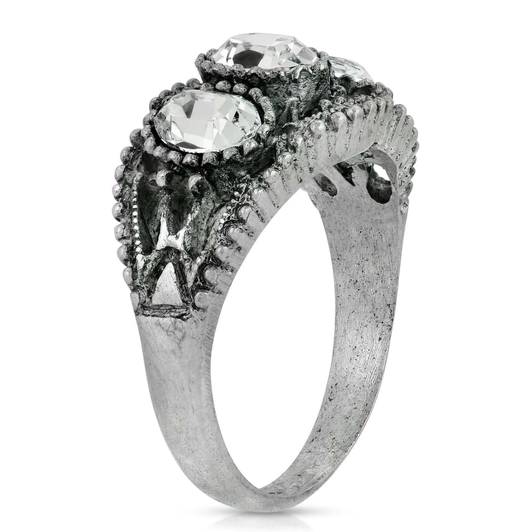 1928 Jewelry Pewter Triple Clear Crystal Oval Ring Size 7 1928 Jewelry