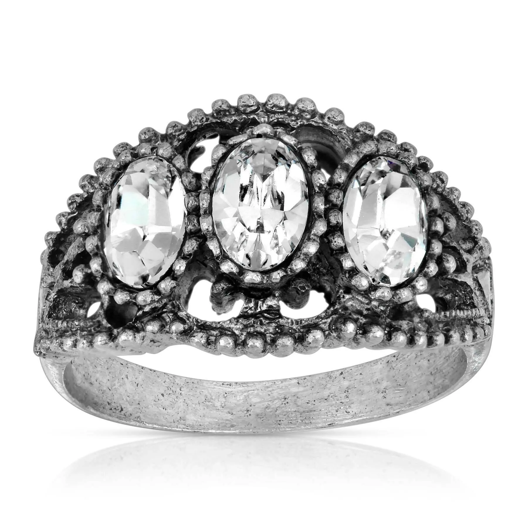 1928 Jewelry Pewter Triple Clear Crystal Oval Ring Size 7 1928 Jewelry