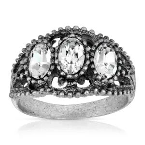 1928 Jewelry Pewter Triple Clear Crystal Oval Ring Size 7 1928 Jewelry