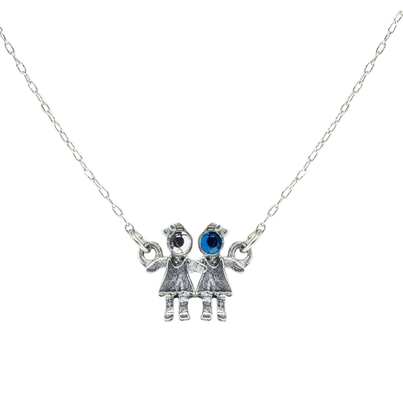 1928 Jewelry Pewter With Crystal 2 Girls Holding Hands Pendant Necklace 16" 1928 Jewelry
