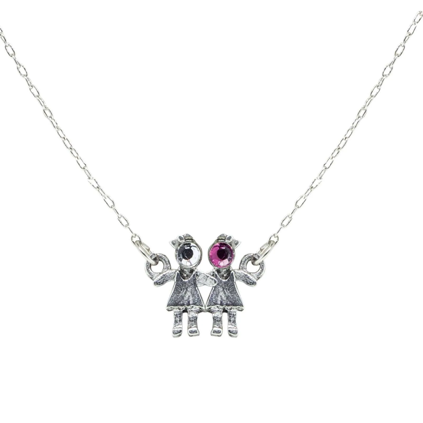 1928 Jewelry Pewter With Crystal 2 Girls Holding Hands Pendant Necklace 16" 1928 Jewelry