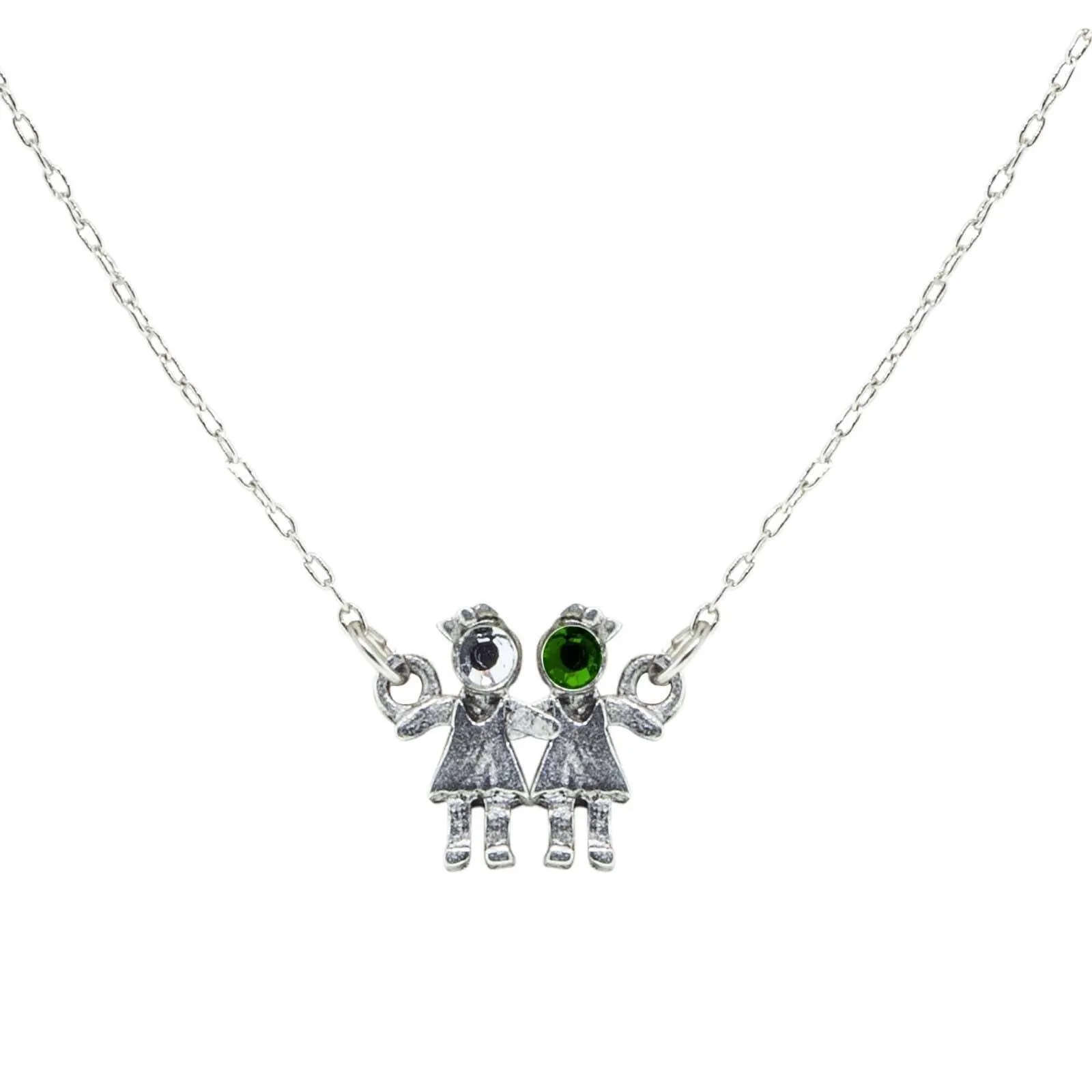 1928 Jewelry Pewter With Crystal 2 Girls Holding Hands Pendant Necklace 16" 1928 Jewelry