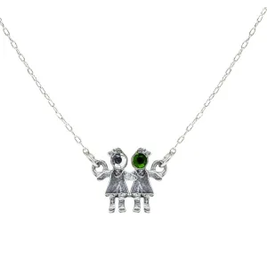 1928 Jewelry Pewter With Crystal 2 Girls Holding Hands Pendant Necklace 16" 1928 Jewelry