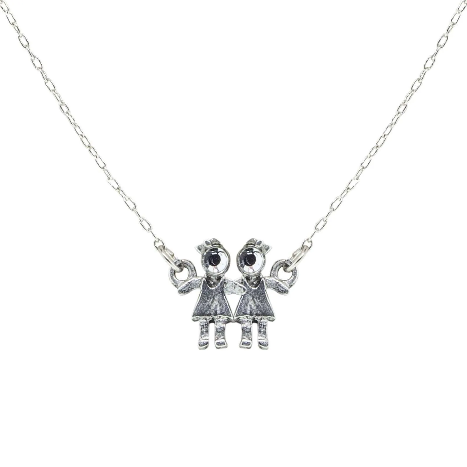 1928 Jewelry Pewter With Crystal 2 Girls Holding Hands Pendant Necklace 16" 1928 Jewelry