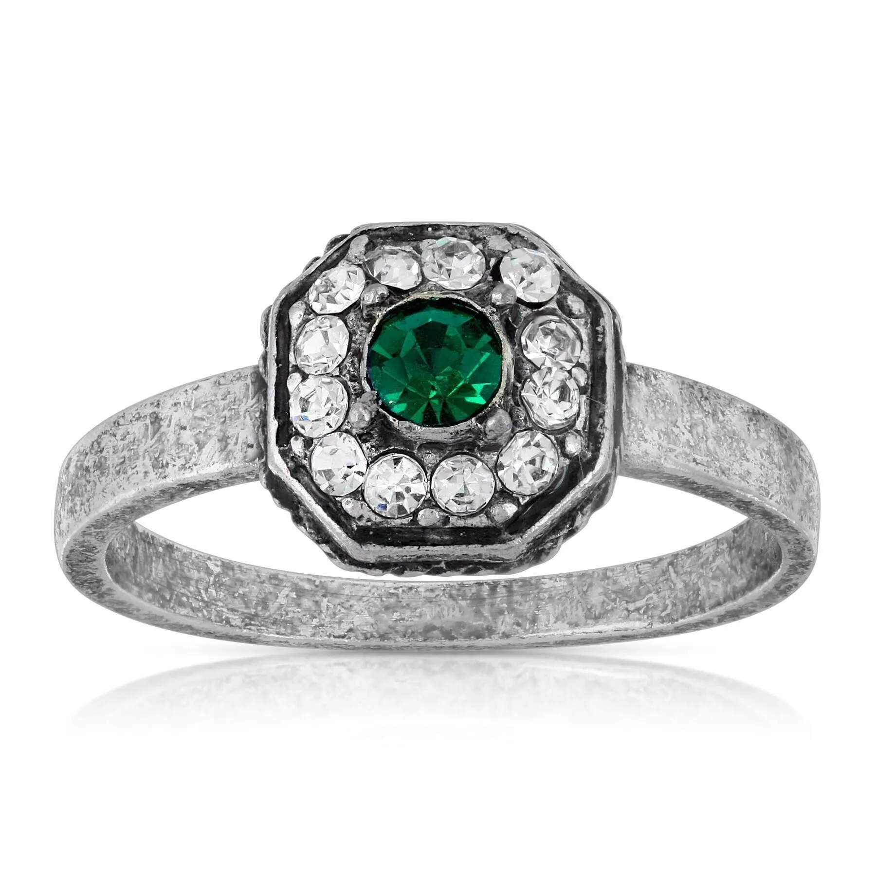 1928 Jewelry Pewter With Green And Clear Crystals Octagon Shaped Ring Size 7 1928 Jewelry