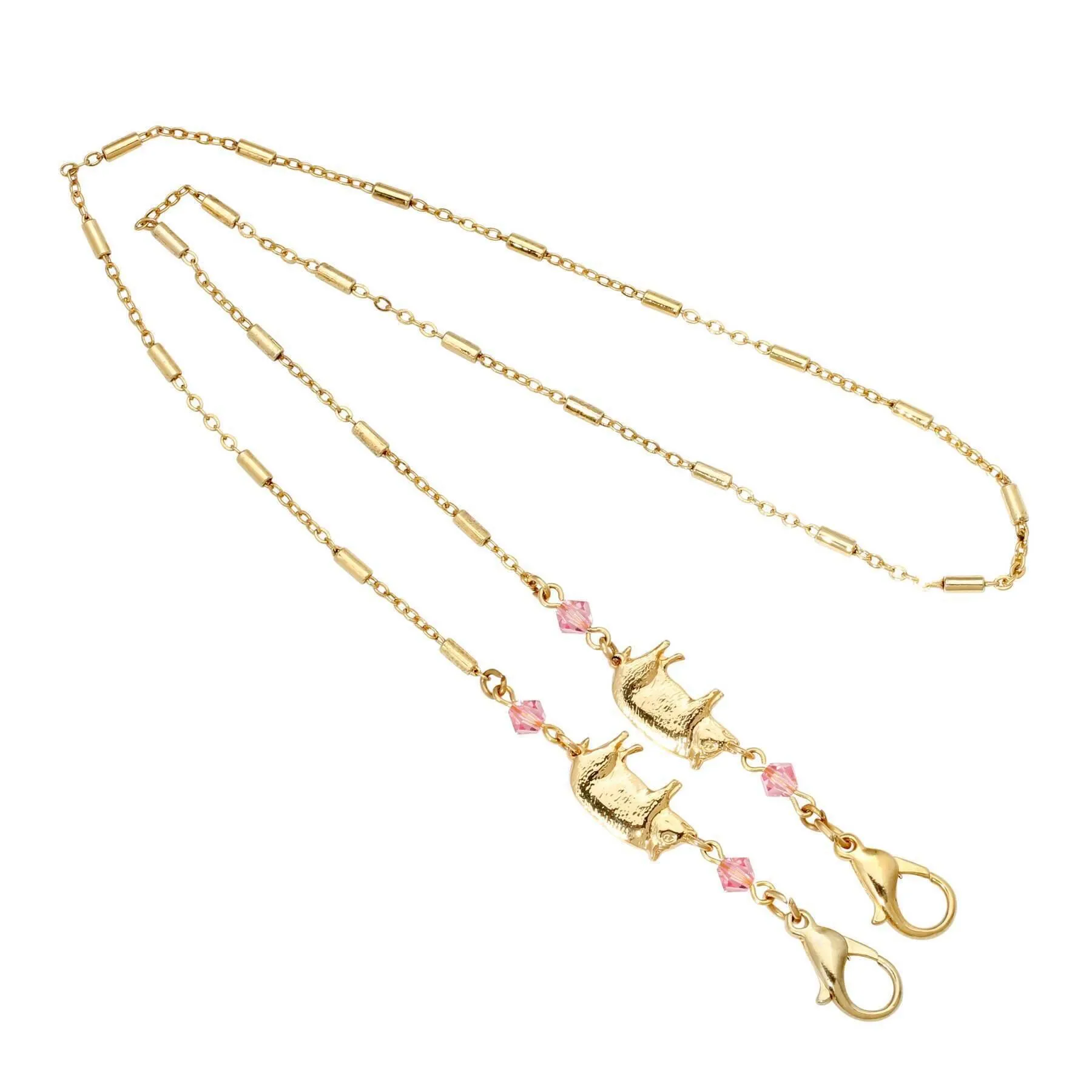 1928 Jewelry Pig with Light Rose Pink Beads Face Mask Chain Holder 22 Inches 1928 Jewelry