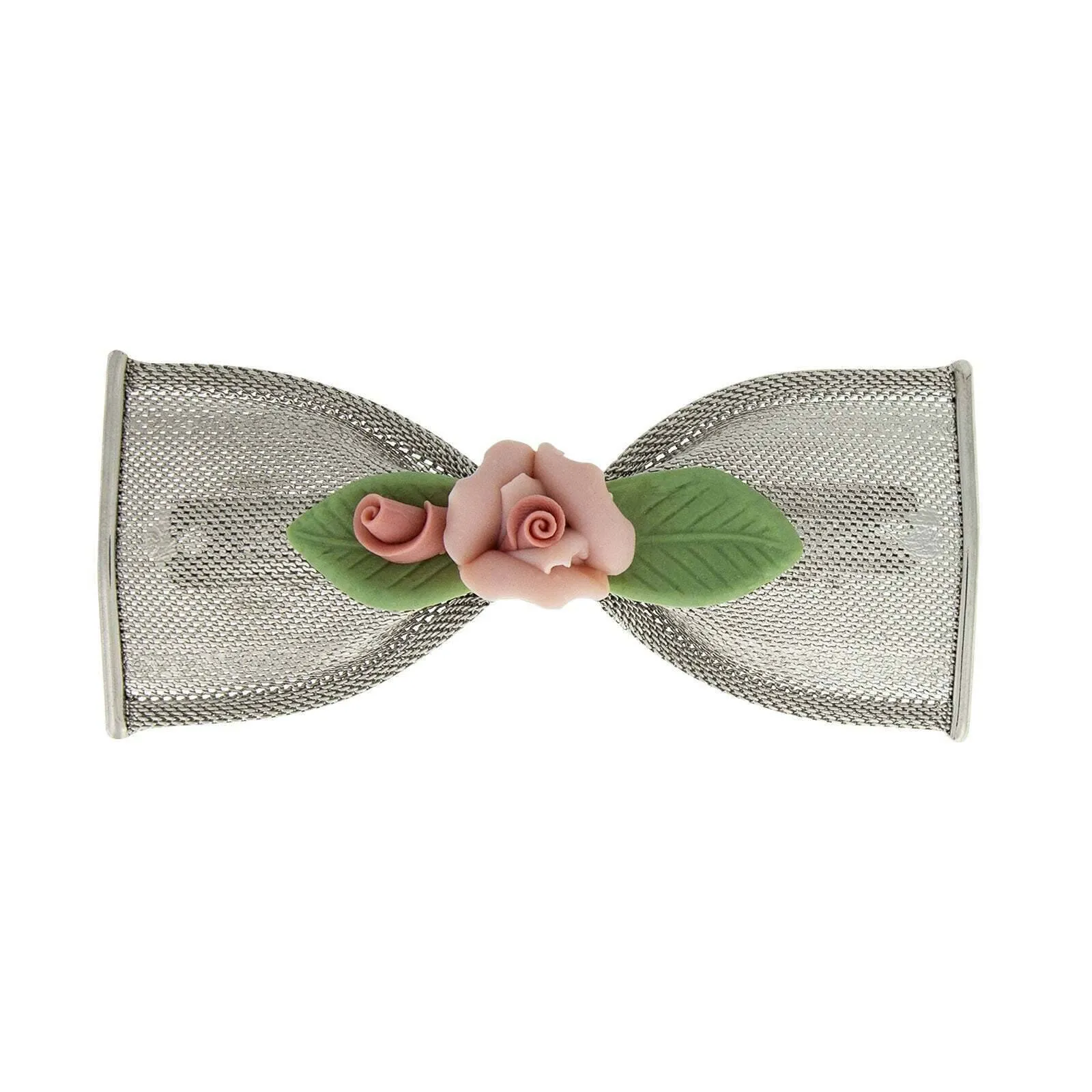 1928 Jewelry Pink And Green Porcelain Flower Mesh Bow Hair Barrette 1928 Jewelry