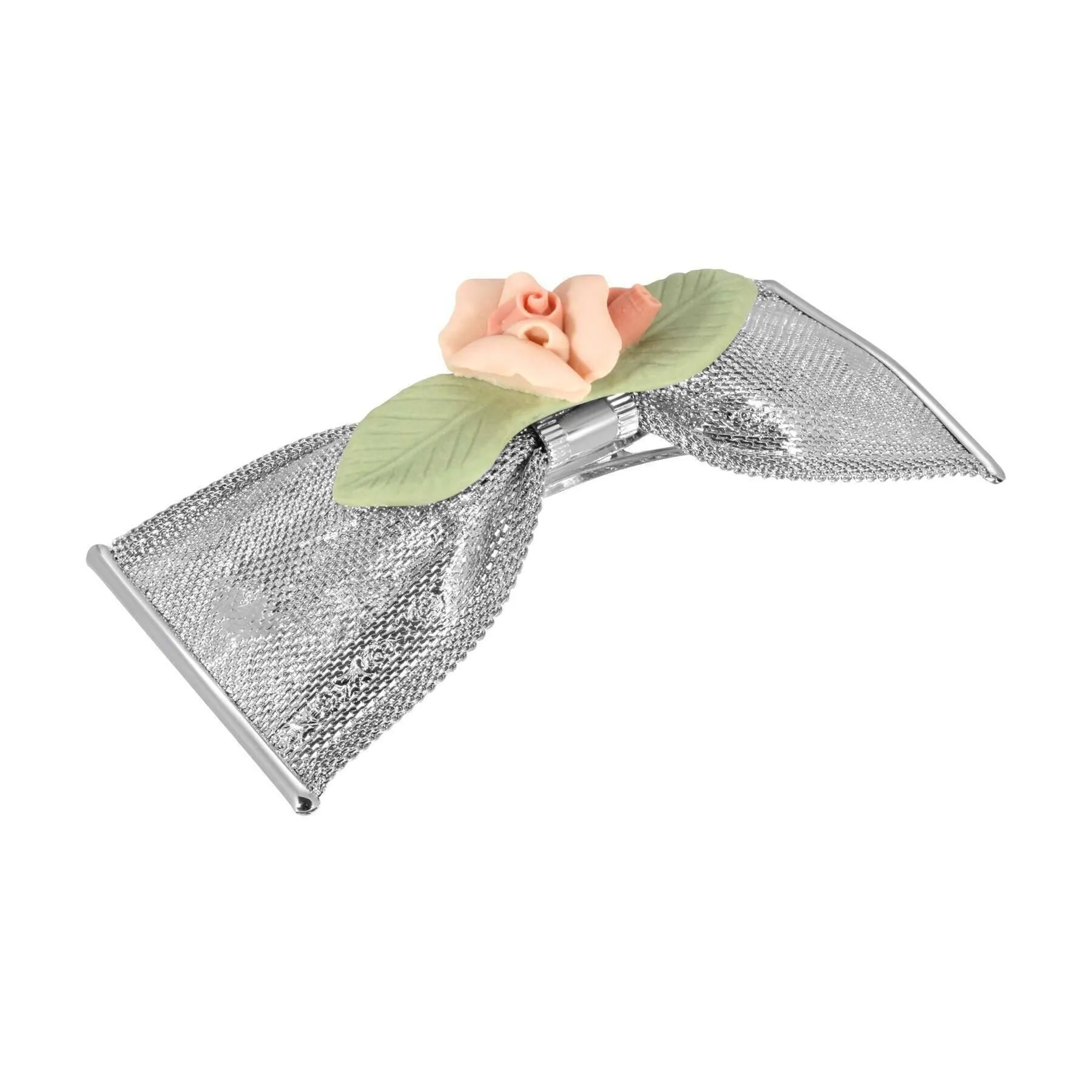 1928 Jewelry Pink And Green Porcelain Flower Mesh Bow Hair Barrette 1928 Jewelry