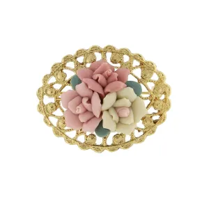 1928 Jewelry Pink And Ivory Genuine Porcelain Rose Cluster Filigree Pin 1928 Jewelry
