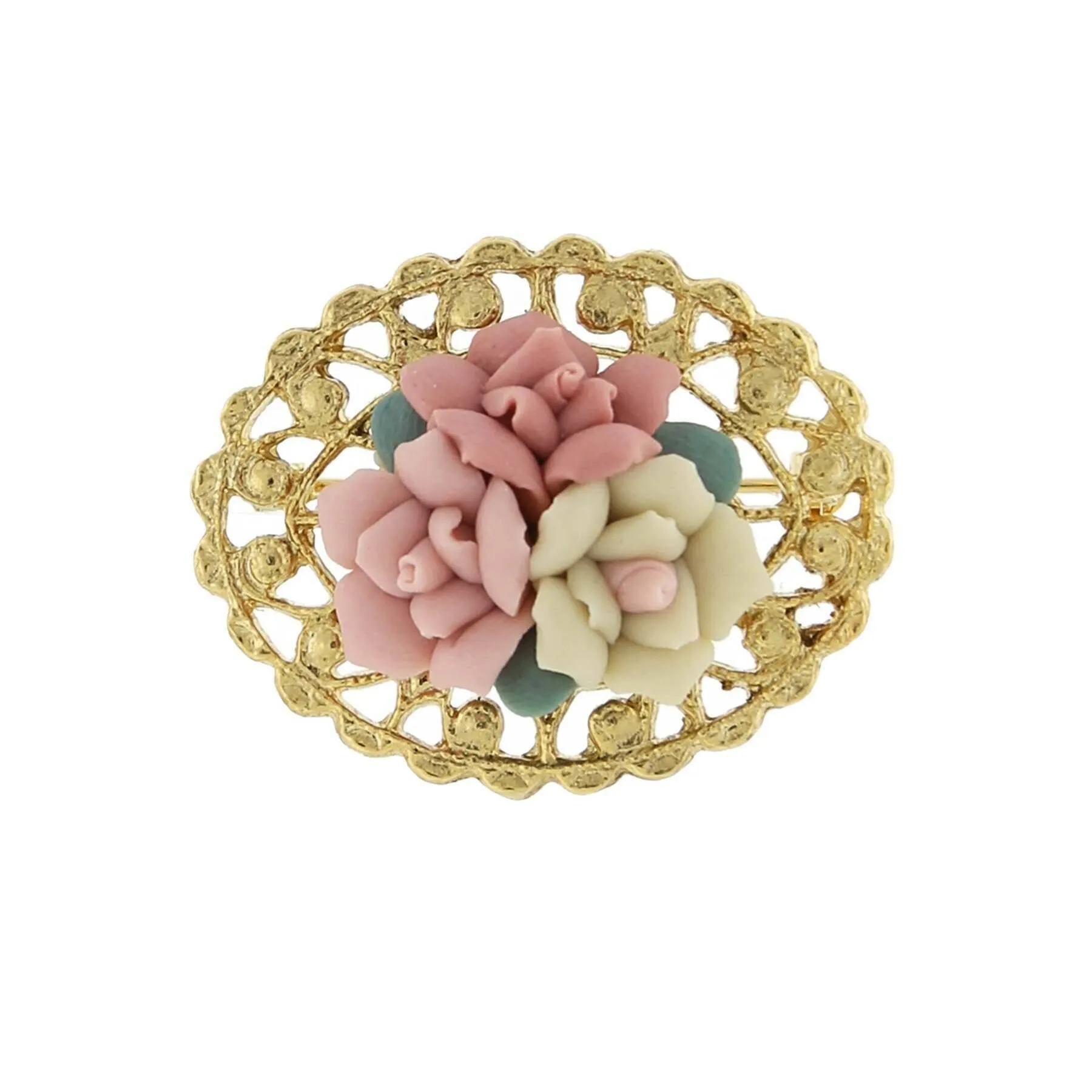 1928 Jewelry Pink And Ivory Genuine Porcelain Rose Cluster Filigree Pin 1928 Jewelry