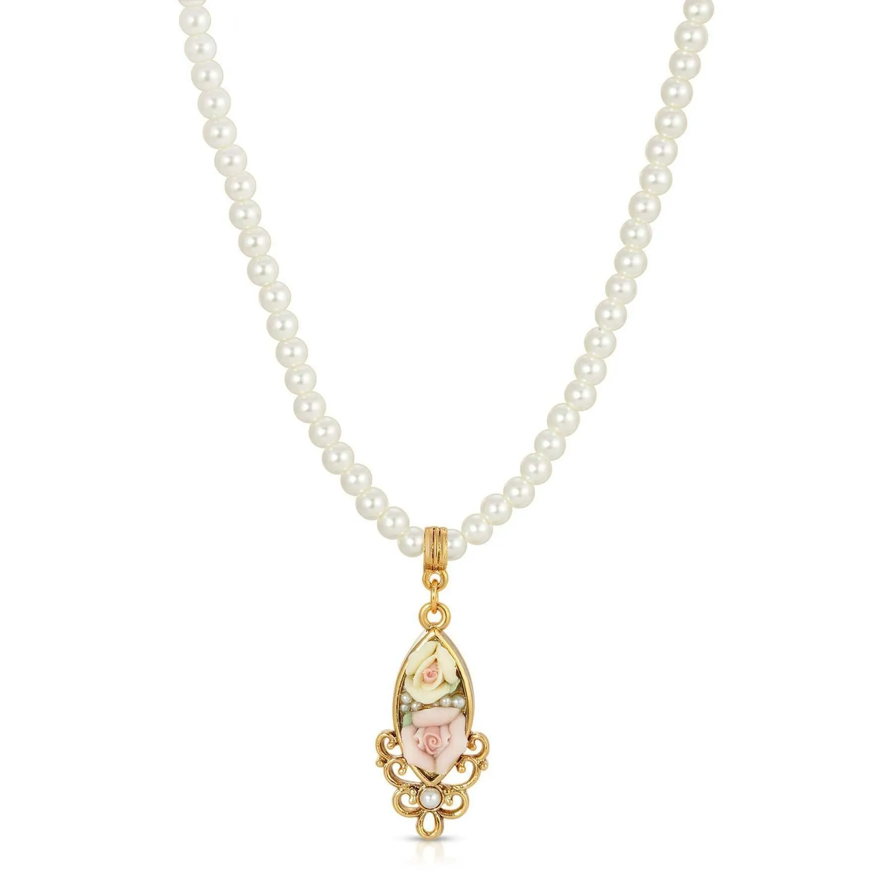 1928 Jewelry Pink and Yellow Porcelain Rose 4mm Faux Pearl Strand Drop Necklace 15"   3" Extender 1928 Jewelry
